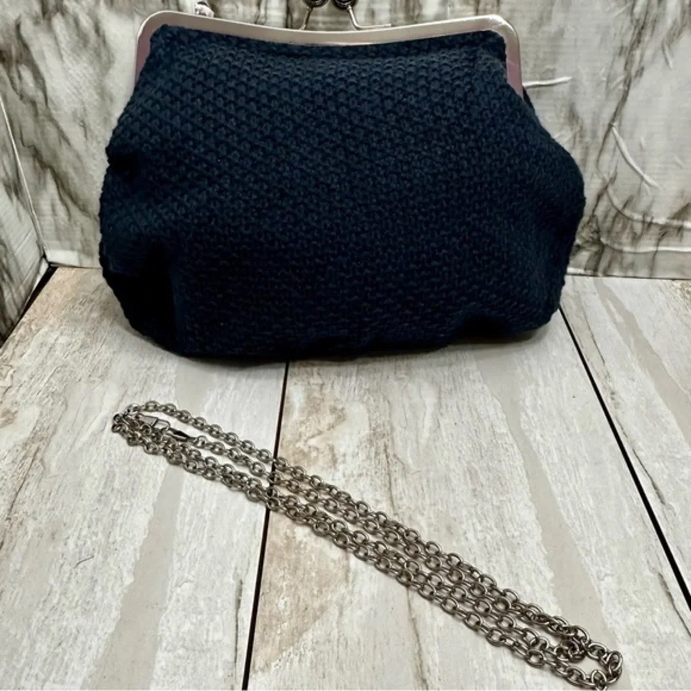 Navy Blue Crochet Knit Clutch Removable Crossbody Chain Strap Boho Chic Metro